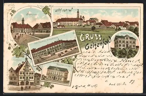 Lithographie Geisenfeld, Post und Gasthof Fuchsbüchler, Krankenhaus, Knabenschule, Marktplatz