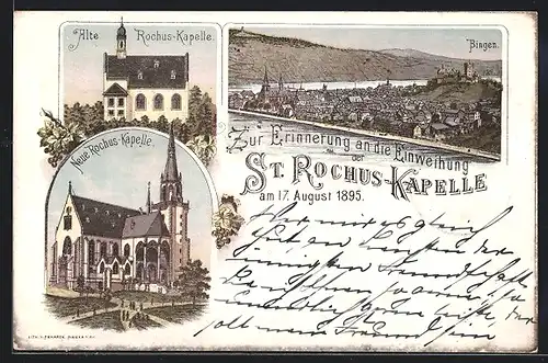 Lithographie Bingen, Alte und neue Rochus-Kapelle, Ortsansicht