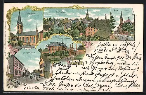 Lithographie Bellheim, Hauptstrasse, Kath. Kirche, Schloss und Brauerei Silbernagel