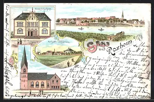 Lithographie Roxheim a. Rh., Neues Schulhaus, Hofgut Scharrau, Ev. Kirche