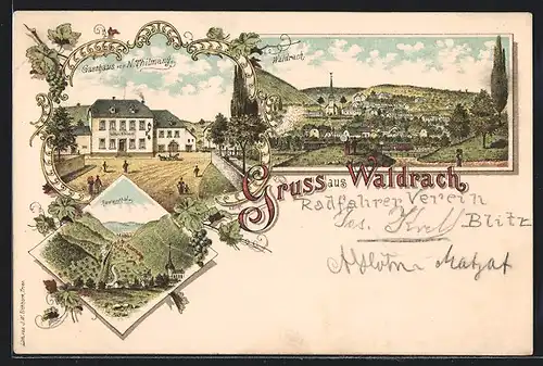 Lithographie Waldrach, Totalansicht, Gasthaus von L. Tilmany, Blick ins Ruwerthal