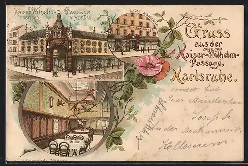 Lithographie Karlsruhe, Kaiser Wilhelm-Passage, Eingang Kaiserstrasse, Eingang Akademiestrasse, Restaurant