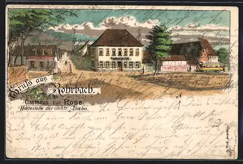 Lithographie Rohrbach, Gasthaus zur Rose, Strassenbahn