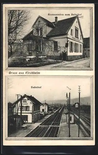 AK Kirchheim, Restaurant zum Bahnhof, Bahnhof aus der Vogelschau