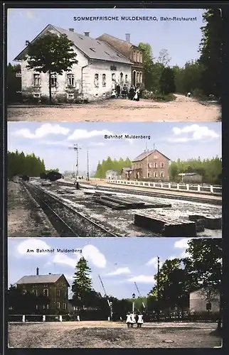 AK Muldenberg, Bahn-Restaurant, Bahnhof von der Gleisseite