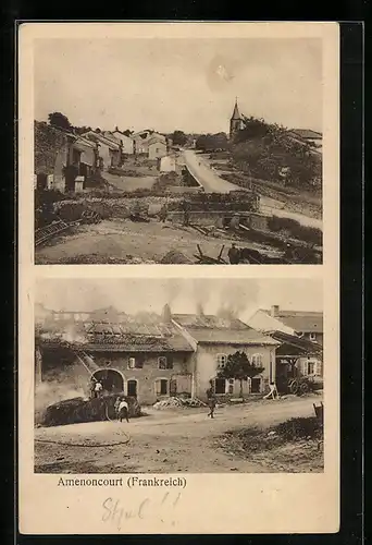 AK Amenocourt, Ortspartie, Strassenpartie mit brennenden Häusern