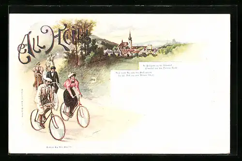 Lithographie Männer und Frauen fahren auf Fahrrädern