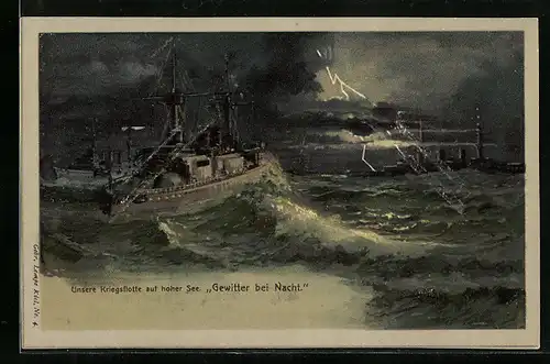 Lithographie Gewitter bei Nacht, unsere Kriegsflotte auf hoher See, Kampfschiffgeschwader