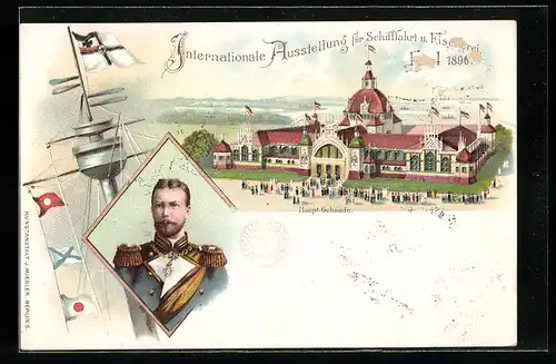 Lithographie Kiel, Ausstellung der Provinz Schleswig-Holstein und Int. Schiffahrtsausstellung 1896, Ausstell.-Gebäude