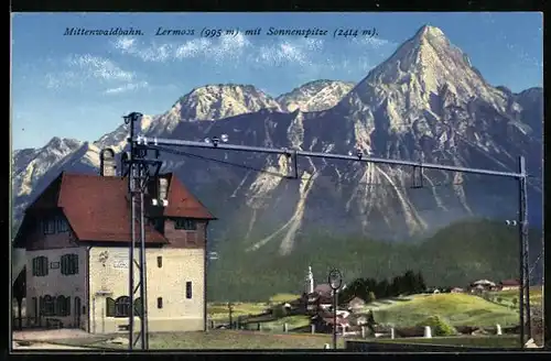 AK Lermoos, Mittenwaldbahn, Bahnhof mit Sonnenspitze