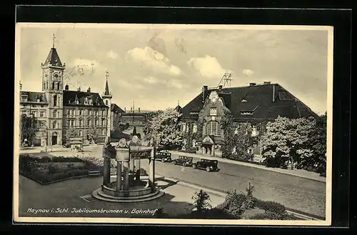 AK Haynau, Jubiläumsbrunnen und Bahnhof