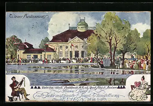 Künstler-AK Wien, Intern. Jagd-Ausstellung 1910, Wiener Restaurant mit Gästen