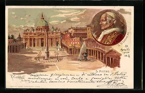 Künstler-AK Raffaele Carloforti: Vaticano, S. Pietro, Papst Leo XIII. und Petersdom