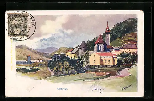 Künstler-AK Franz Kopallik: Gratwein, Blick zur Kirche