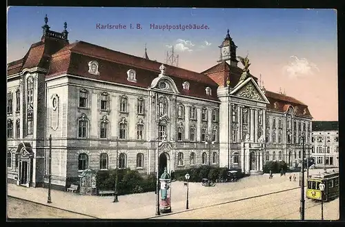 AK Karlsruhe i. B., Hauptpostgebäude, Strassenbahn