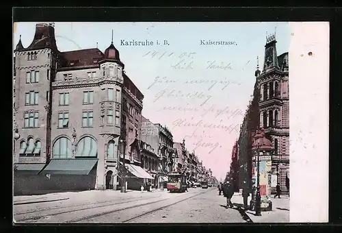 AK Karlsruhe i. B., Kaiserstrasse mit Strassenbahn und Litfasssäule