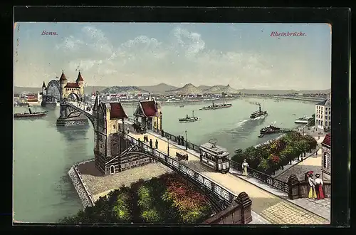 AK Bonn, Rheinbrücke mit Strassenbahn