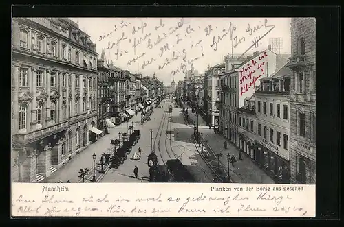 AK Mannheim, Strasse Planken mit Geschäft und Strassenbahn von der Börse aus gesehen