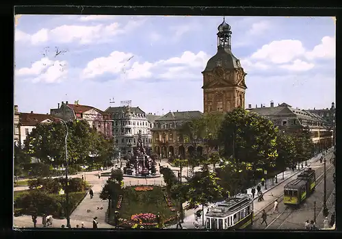 AK Mannheim, Paradeplatz und Kaufhaus mit Strassenbahn