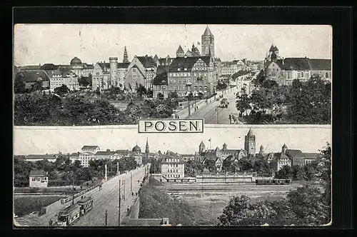 AK Posen, Strassenbahn auf der Theaterbrücke