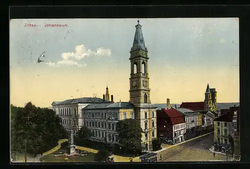 AK Zittau, Johanneum mit Strassenbahn