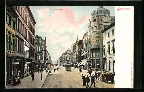 AK Karlsruhe, Strassenbahn in der Kaiserstrasse