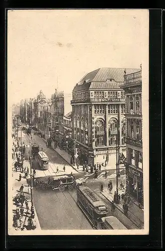 AK Berlin, Leipziger- Ecke Friedrichstrasse mit Strassenbahn