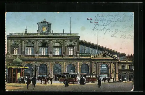 AK Lille, La Gare, Strassenbahn