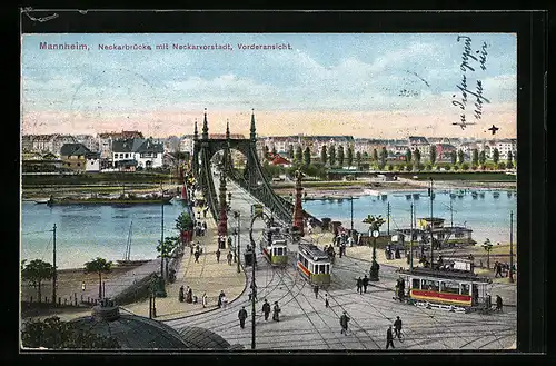 AK Mannheim, Neckarbrücke mit Neckarvorstadt, Vorderansicht, Strassenbahn