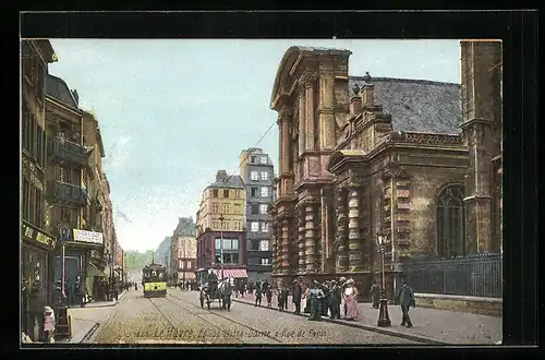 AK Le Havre, Eglise Notre Dame, Rue de Paris, Strassenbahn