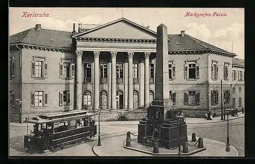 AK Karlsruhe, Marktgrafen-Plais mit Strassenbahn und Denkmal