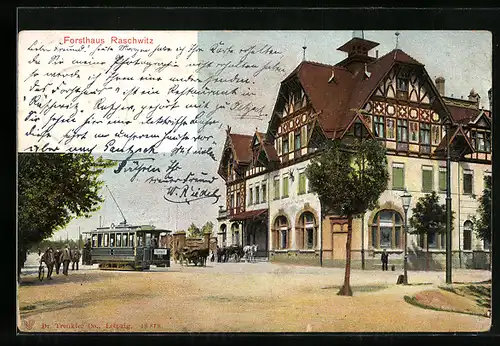 AK Raschwitz, Strassenbahnverkehr vor dem Forsthaus