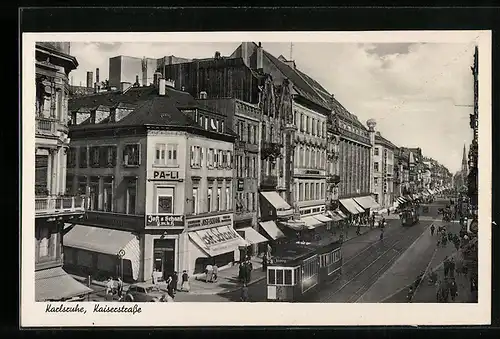 AK Karlsruhe, Kaiserstrasse, Strassenbahn