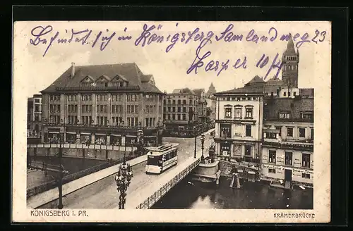 AK Königsberg, Strassenbahn auf der Krämerbrücke