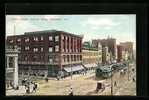 AK Rochester, NY, Main Street looking West, Strassenbahn