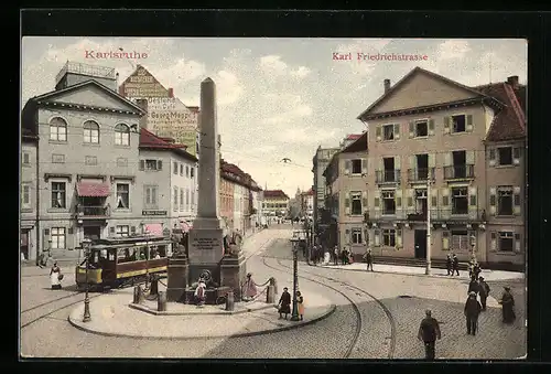 AK Karlsruhe, Strassenbahn in der Karl Friedrichstrasse