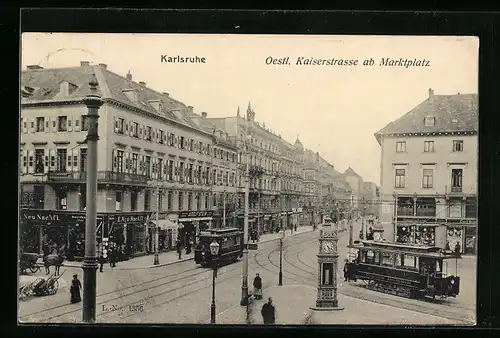 AK Karlsruhe, Östliche Kaiserstrasse ab Marktplatz mit Geschäften und Strassenbahn