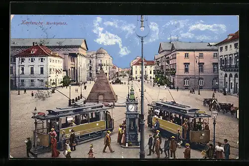 AK Karlsruhe, Marktplatz mit Strassenbahn und Pferdekutsche