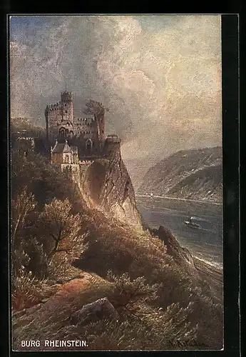 AK Burg Rheinstein bei Gewitterstimmung