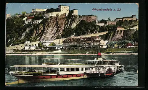 AK Ehrenbreitstein, Dampfer auf dem Rhein und Festung