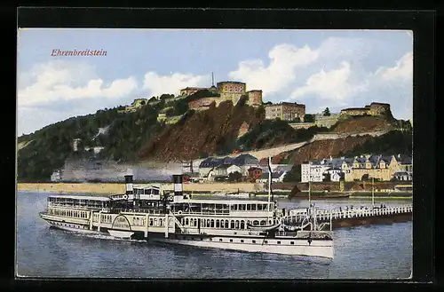AK Festung Ehrenbreitstein, Ansicht mit Dampfer