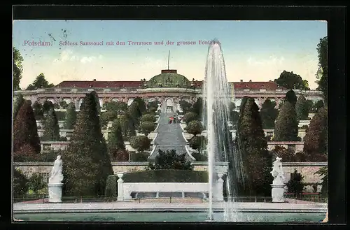 AK Potsdam, Schloss Sanssouci mit den Terrassen und der grossen Fontaine