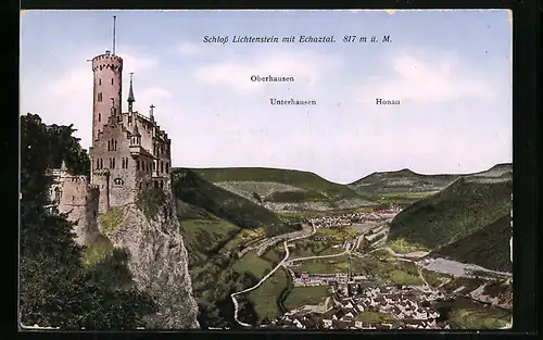 AK Lichtenstein, Blick auf die Stadt mit Schloss und Echaztal