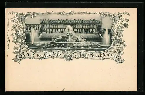 AK Herrenchiemsee, Schloss Herrenchiemsee mit Fontäne