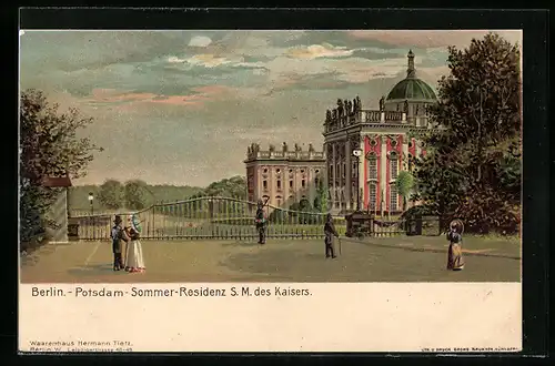 Lithographie Potsdam, Neues Palais mit Eingangstor