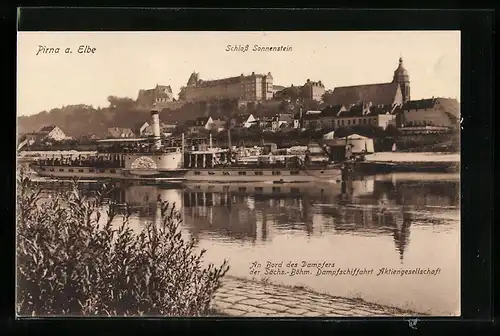 AK Pirna /Elbe, Schloss Sonnenstein, Elbdampfer