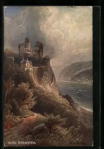 AK Burg Rheinstein bei Gewitterstimmung