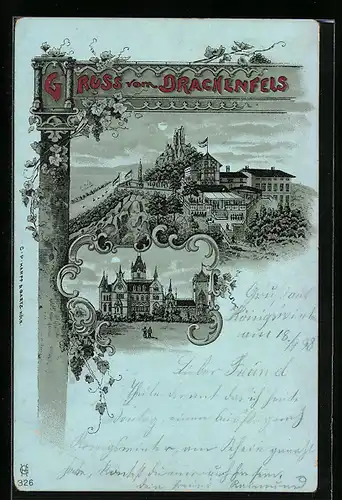 Lithographie Drachenfels, Restaurant und Schloss