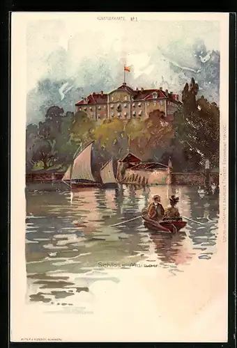 Lithographie Ruderpartie am Schloss Mainau