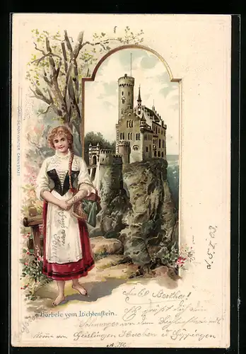 Passepartout-Lithographie Lichtenstein, Bärbele von Lichtenstein vor dem Schloss